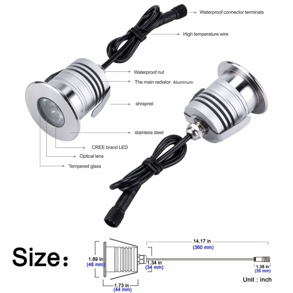 LED undervandspoolbelysning, 3W, 12V-24V DC, IP68 vandtæt, rustfrit stål aluminium, til nedgravede swimmingpools, trin, springvand og både (blå)