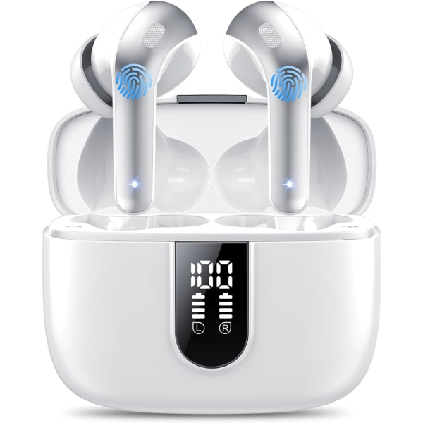 Trådløse ørepropper, 50 timer spilletid Bluetooth-hodetelefoner, Bluetooth-hodetelefoner 5.3, i øret med 4 ENC-anrop støydempende mikrofoner, Bass Boost 85% WHITE