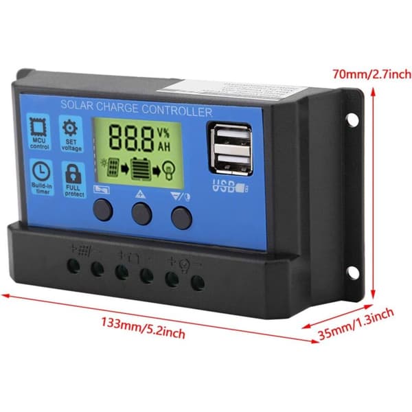 100A PWM Solar Charge Controller til 12V/24V Paneler, LCD Display, Fotovoltaisk Regulator. Længde: 14 cm / Bredde: 8 cm / Højde: 4 cm