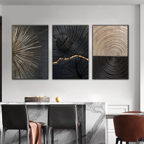 3 Panel Väggkonst Tryck Affischer Modern Nordisk Väggmålning Design Bild Svart Guld Årsring Linje Dekoration Målning för Hem Vardagsrumsdekor