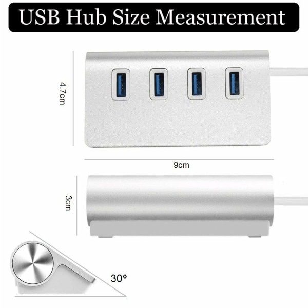 4 Port USB 3.0 Hub Splitter Højhastigheds dataoverførsel til Mac PC Laptops Smartphones Tablets Pen Flash Drives (SØLV)