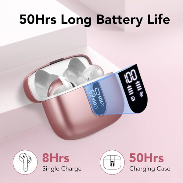 Trådløse ørepropper, 50 timers spilletid Bluetooth-hodetelefoner, Bluetooth-hodetelefoner 5.3, i øret med 4 ENC-anrop Støydempende mikrofoner, Bass Boost 85% rose gold