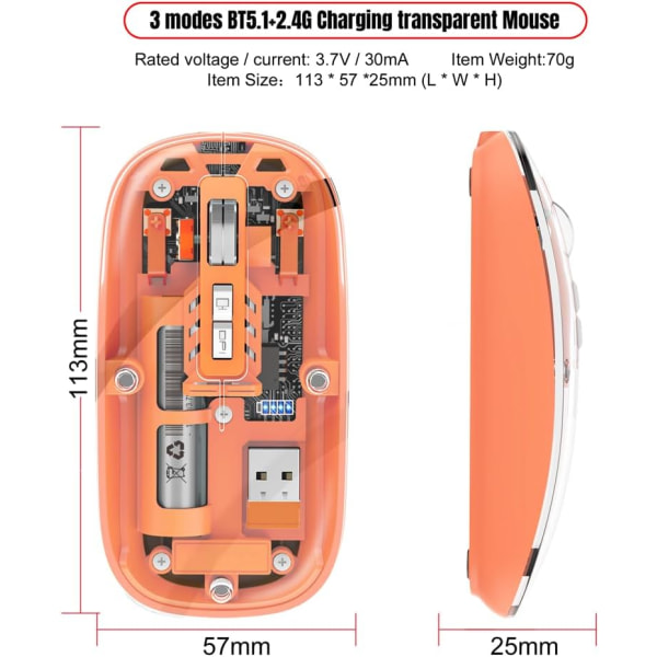 Mus BT Trådløs M233, Transparent Magnetisk Mus 2.4G Gjenladbar for PC Gjenladbar (Oransje) grey