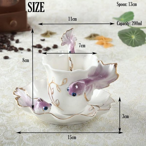 Keramisk tekopp, 3D guldfisk kaffemuggar set, fashion handgjord porslin emalj guldfisk kaffekopp med fat och sked set porslin tekopp purple