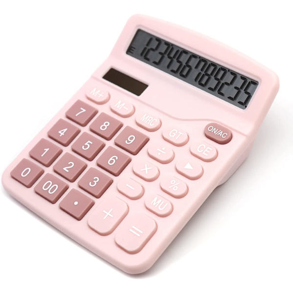 Pink lommeregner, skrivebordslommeregner 12 cifre med stort LCD-display