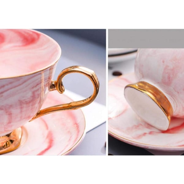 Marmor keramik kop og underkopsæt Camellia mønstret ben Kina kaffekrus Tekop guld trim med kaffekop, underkop og ske, 200 ml (Pink)