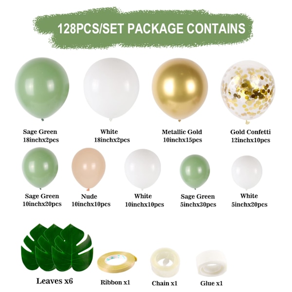 Olivolja grön ballongbåge kit, 128 st salviagrön ballonggirlang