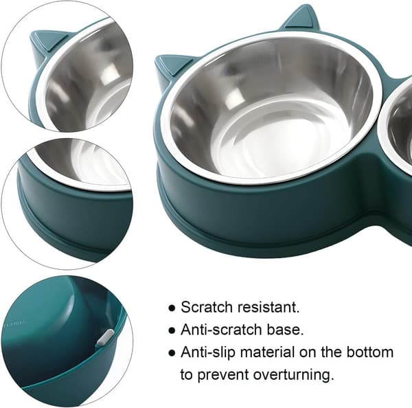 Set med dubbla kattmatskålar i rostfritt stål, halkfri bas, diskmaskinsäker - för torr- och våtfoder, söt kattdesign (Grön)