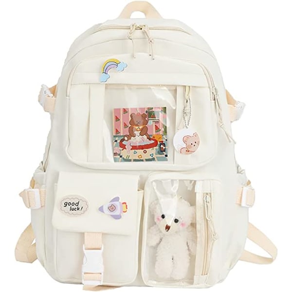 Ryggsäck med Kawaii-nål och accessoarer, 40*30*11cm (Beige)