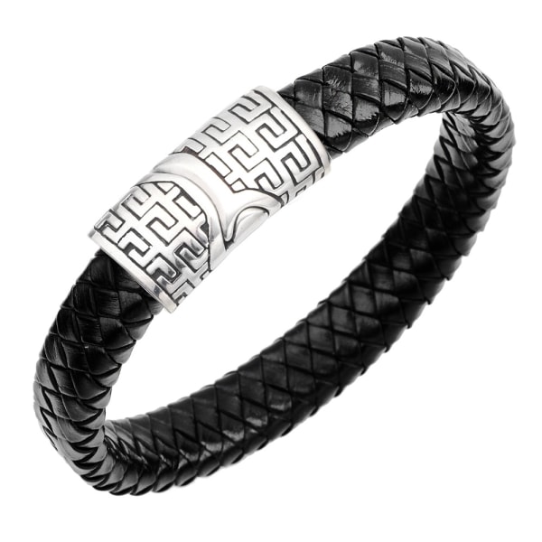 Herrearmbånd i læder, sort/brun flettet titanium magnetlås