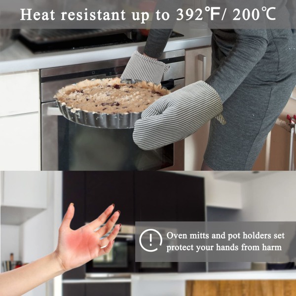 Ovnhandsker med grydelapper, 4 PC dobbelt varmebestandige ovnhandsker, bomuldsstribet varmebestandig sikker til køkken madlavning Bagning BBQ (grå)
