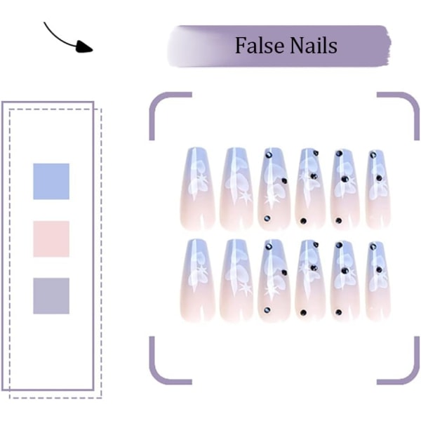 Blå Gradient Tryk på Negle 24PCS Ekstra Lange Rhinestone Falske Negle Blanke Hjerte Falske Negle Fuld Dækning Design Negle til Kvinder Daglig Dating Dekoration Blue