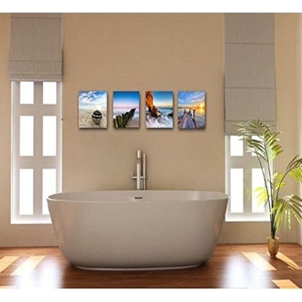 Seaview Modern 4-delad sträckt och inramad Seascape Giclee Canvas Prints Konstverk Landskap Ocean Sea Beach Bilder Målningar på Canvas Väggkonst