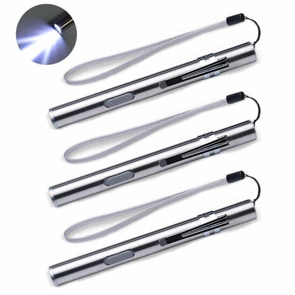 3 stk. USB Pen Light LED Lommelygte til Sygeplejersker, Rustfrit Stål Medicinsk Lommelygte Genopladelig Mini Lommelygte Håndholdt Penlight med Klip