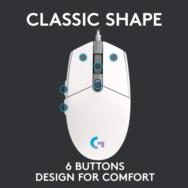 Gamingmus med RGB-belysning, 6 programmerbare knapper, sensor i spillklasse, 6K DPI-sporing, lett white