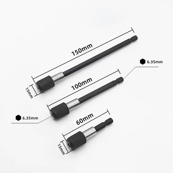 Set med 3 magnetiska förlängningsstänger 1/4\" – Längder 60/100/150 mm – Rostfritt stål – Snabbkopplingssystem. Längd: 150 mm / Bredd: 15 cm / Höjd: 2 cm