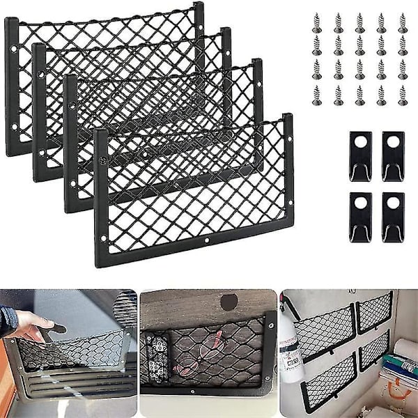 4 stk. Bil Opbevaringsnet Campervan, Elastiske Opbevaringsnet Med Plastikramme, Til Caravan, Bil, Båd Tilbehør (sort)