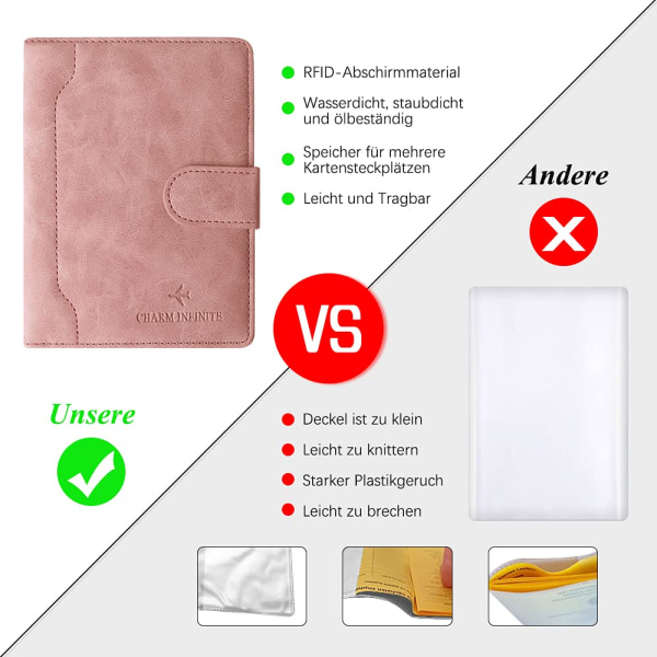 Pas etui, vaccinationsattest etui læder, kunstlæder pas etui med RFID blokering, beskyttende etui certifikat(pink) pink