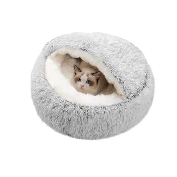 Lugnande kattbädd, Donut Cuddler Nest Varm Mjuk Plysch Hund Katt Kudde med Mysig Svamps Halkskyddad Botten för Små Medelstora Husdjur Snooze Sovande Inomhus grey