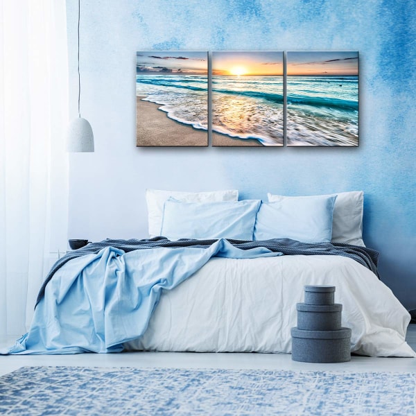 Stranddekor Innrammet veggkunst - 3 panel Sea Wave solnedgang plakat Lerretsutskrift Hjemmekontordekorasjoner til stuen