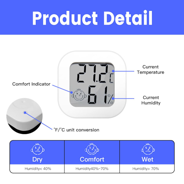 Digital hygrometer, Mini inomhus termometer rum termo-hygrometer, noggrann RH-mätare temperaturmonitor för hem sovrum källare kontor växthus