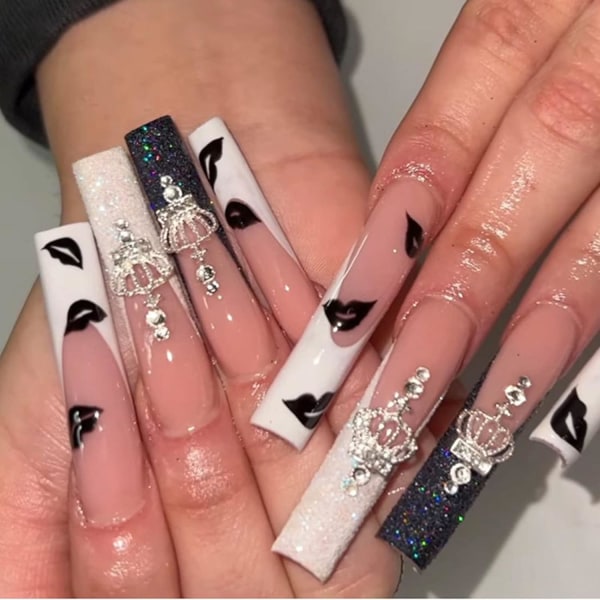24 st falska naglar långa, svart och vit glitter fransk press på naglar med diamanter, naken medium ballerina stick på naglar för kvinnor, akryl kista