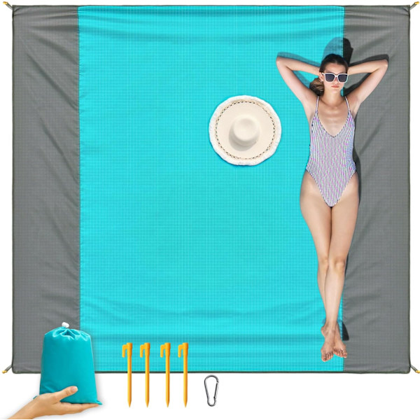 Strandfilt Picknickfilt, Extra Stor 210 x 200cm/79 * 83IN Vattentät Sandtät Vattenavvisande Strandmatta med 4 Fasta Spikar, Förstärkt Kant blue