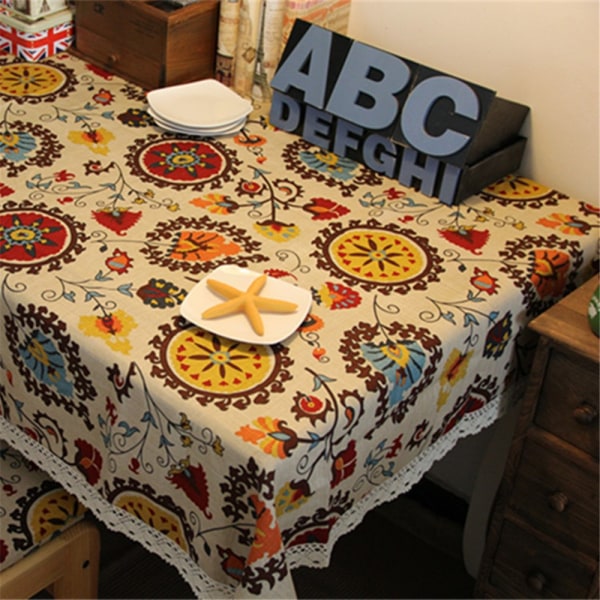 Vintage spets solros duk, linne broderad (90*90cm)