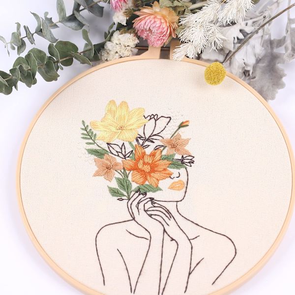 3 set med full serie av nybörjarbroderikit, DIY handbroderi startset, kvinnor och blommönster