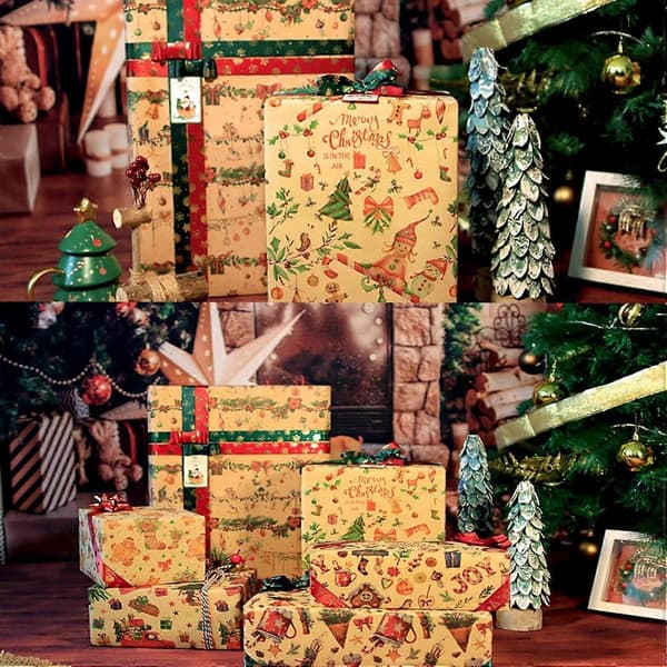 Julklappspapper, 12 ark julklappspapper, Kraftpapper Julklappsinslagning, 70x50CM, för julklappspresent