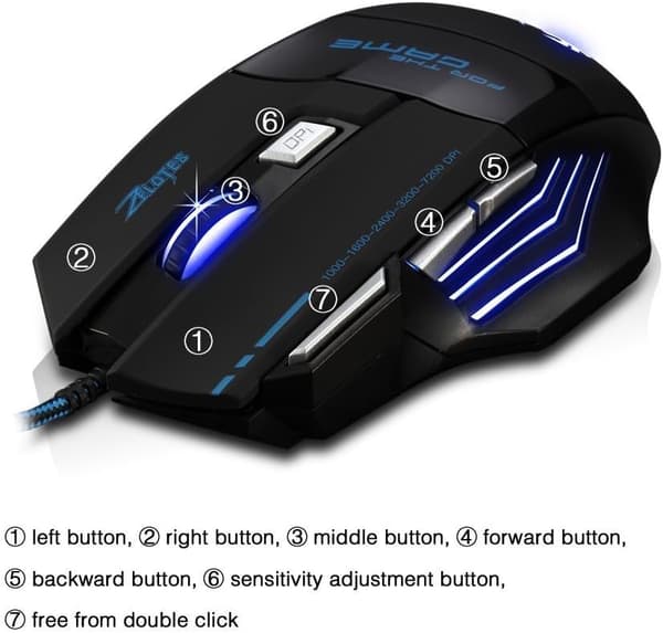 Gaming mus med kabel, 2400 DPI, 7 knapper ergonomisk mus, optisk USB-mus, computermus, ledningsmus til pc, bærbar, sort