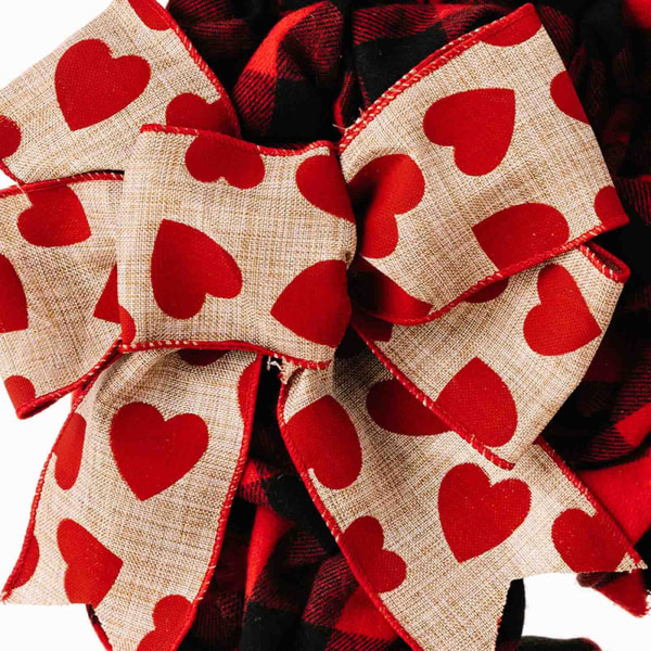 Valentinskranser til inngangsdør, 14" Valentinsdagskranshjerte med sløyfe, kunstig dekorativ hjerteformet krans