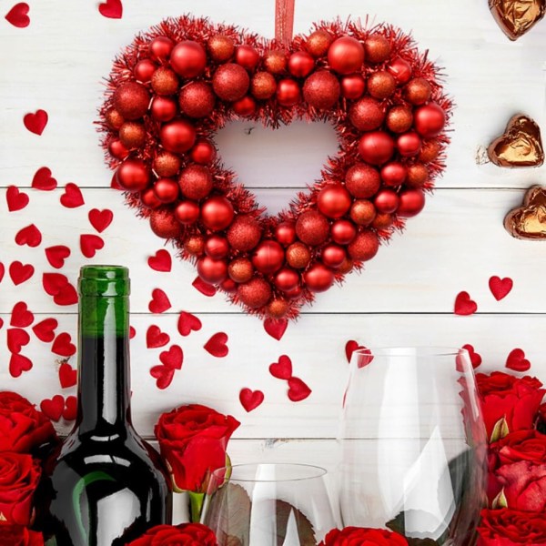Valentinsdagkrans,Hjerteformet krans med LED-lys,Røde bærhjerteformet dørkrans, Valentinsdagsdekorasjon