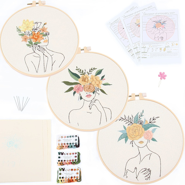 3 set med full serie av nybörjarbroderikit, DIY handbroderi startset, kvinnor och blommönster