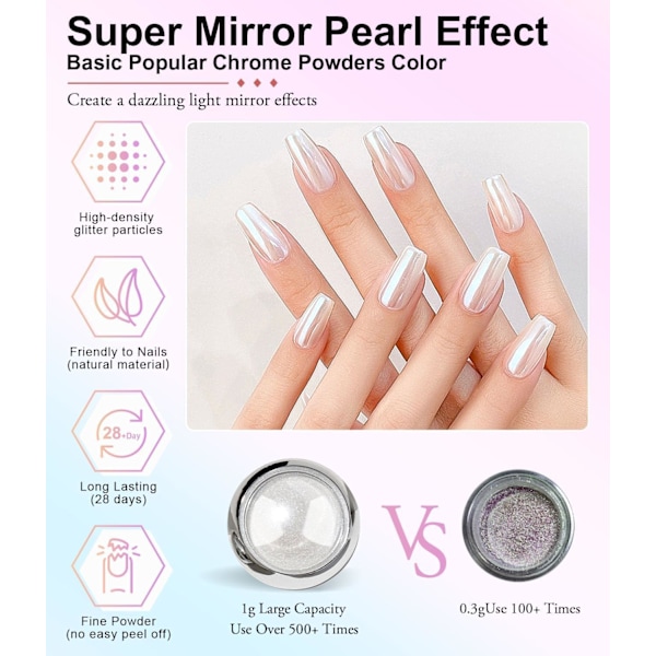 Vit pärlemor krom nagelpulver - 2 st spegeleffekt aurora magisk pärlemor nageljuveler spegelglitter nagelkrompulver holografiskt pigment White A