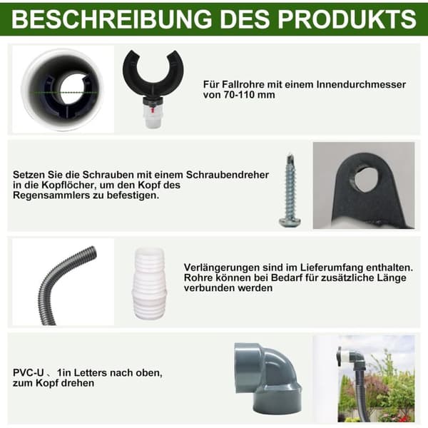 Regnvandsopsamlingssæt til 70-110 mm nedløbsrør – Komplet sæt med 50 cm slange – Rivefast PVC