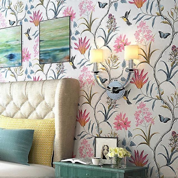 Blommig Tapet Självhäftande Tapet 45 cm x 200 cm Beige Blommig Mönstrad Kontaktpapper Fågel Blomma Dekorativ Vägg