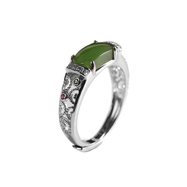 925 Sterling Sølv Inlagt Hetian Jade Ring Delikat Elegant Hul Åpen Ring Sjarmerende Smykker Gaver til Kvinner Jenter