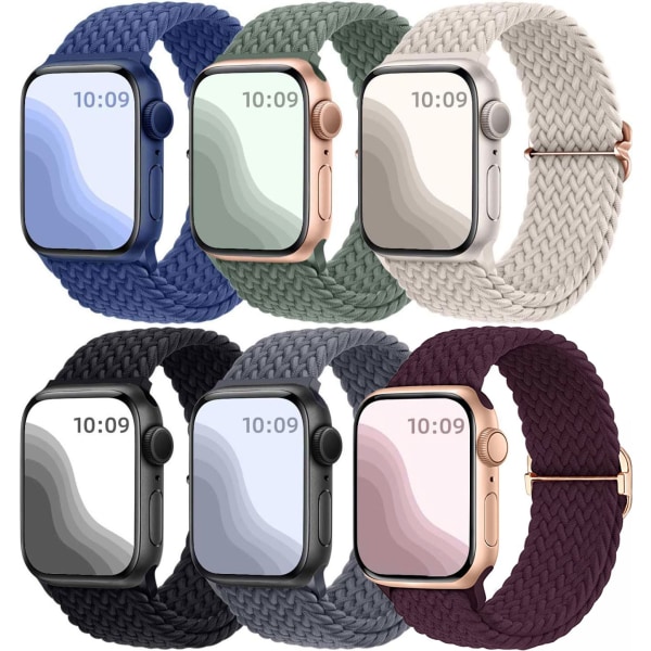 6-pack flettet solo-løkke kompatibel med Apple Watch-remme 44 mm 45 mm 42 mm 49 mm kvinder mænd, justerbar nylon elastisk elastisk sportsudskiftningsbånd colorful（A) 42/44/45/49MM