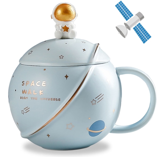Søt plass keramisk krus, astronaut kaffekopp, morsomme krus med lokk og skje, personlige kopper for kaffe, te og melk, 400 ml (lyseblå)