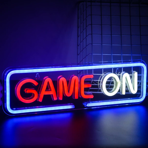 Rød og hvid Game on neon skilt Game on til vægdekoration, USB til familie, børneværelse, bar, soveværelsesfest...