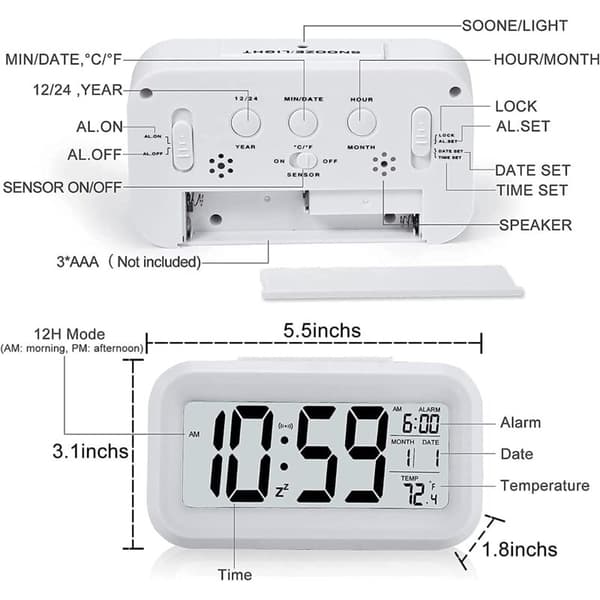 Digital Väckarklocka, Batteridriven Tyst Digital Klocka för Barn Vuxna Stor LED-Display Temperatur Kalender (Vit)