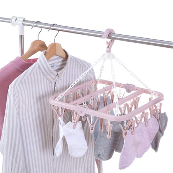32 Klädnypor Fällbara Sockhängare med Klämmor, Vridbart Hänge (Rosa)