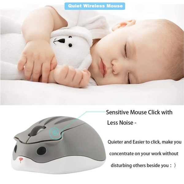 Wireless Mouse Cute Hamster Shaped Computer Mouse 1200DPI(Gray)