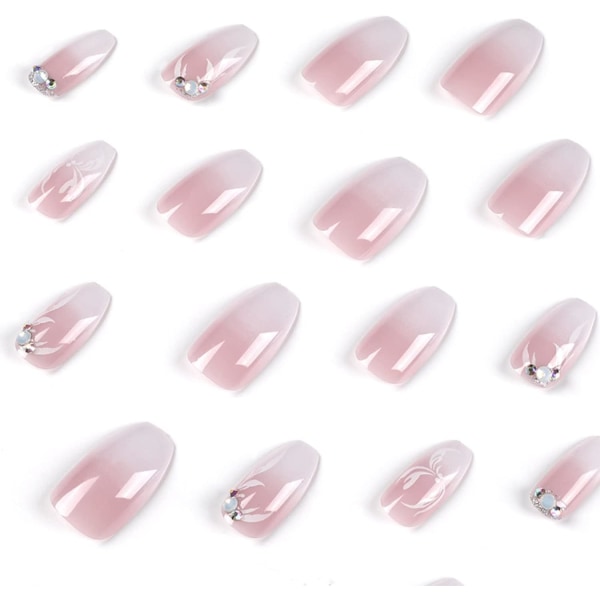 24 st korta kistformade falska naglar, stick-on naglar, rosa vita tryck på naglar med strass blommönster, avtagbara lim-på naglar, falska naglar för kvinnor och flickor