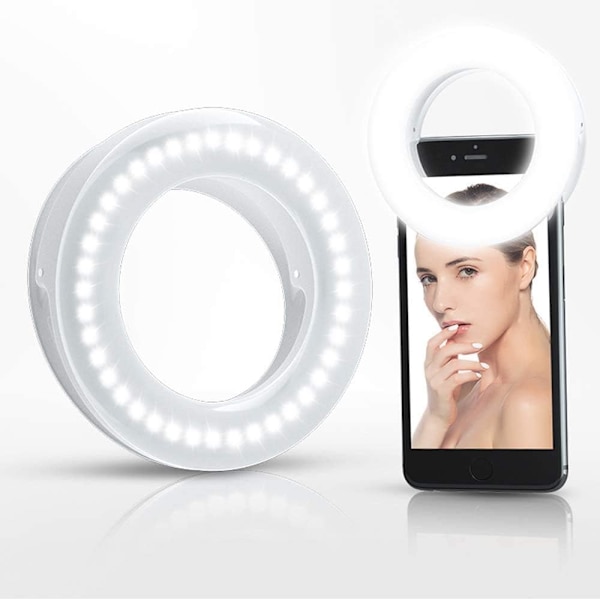 Selfie Ring Light Genopladelig Bærbar Clip-on Selfie Fyldlys med 40 LED til Smartphone Fotografering, Kamera Video, Pige Gør op (Hvid)