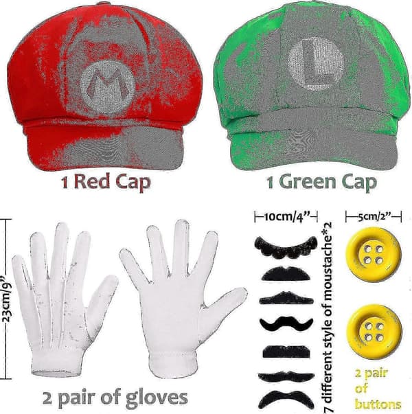 Mario og Luigi Hatter Caps For Cosplay Kostyme - Super Mario Bros Bartesker Hansker Knapper