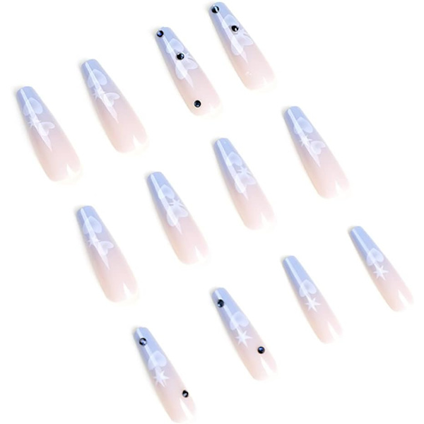 Blå Gradient Tryk på Negle 24PCS Ekstra Lange Rhinestone Falske Negle Blanke Hjerte Falske Negle Fuld Dækning Design Negle til Kvinder Daglig Dating Dekoration Blue