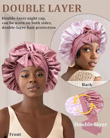 Satin Bonnet för Sömn Kvinnor Dubbellager Hårmössa med 2 st Hårsnoddar Elastiskt Band Nattmössa Bean Paste + Pink