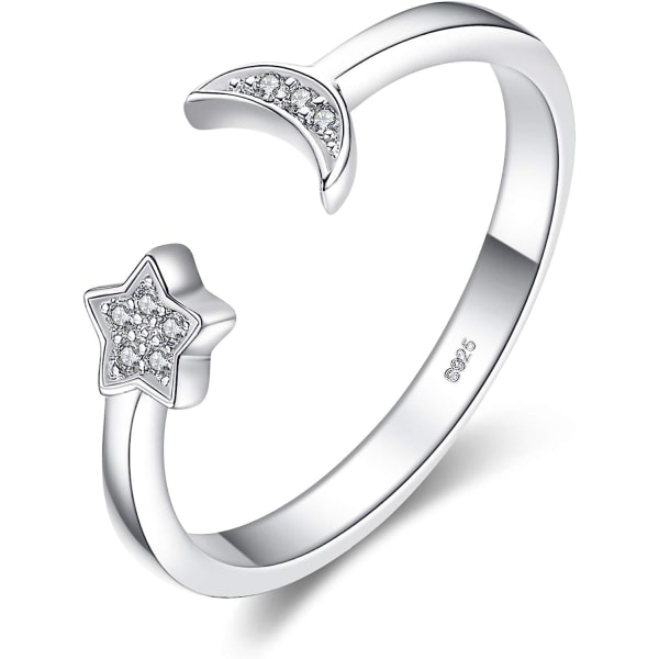 Måne og stjerne kubisk zirkonia åpne justerbare ringer 925 sterling sølv ringer, simulerte diamant mansjett finger tommelring, jenter kvinner smykker gaver